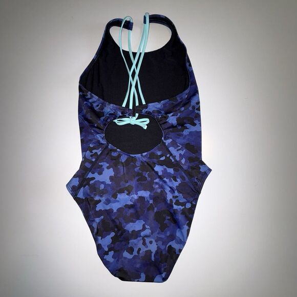 Athleta Freestyle Blue Camo One Piece Swimsuit Size 36 Strappy Back - Picture 5 of 7